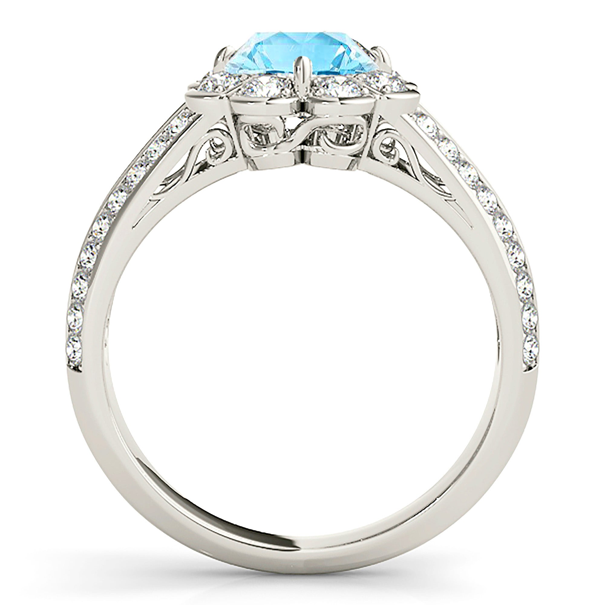 1.10 ct. Genuine Aquamarine Ring With 0.40 ctw. Diamond Floral Halo, Graduating Diamond and Solid Gold Band | Round Blue Aquamarine Halo Ring-VIRABYANI